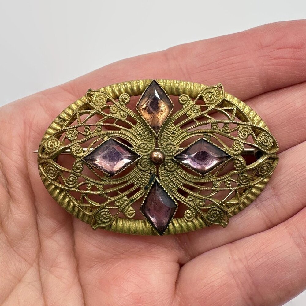 Victorian Brooch, Edwardian, Purple, Filagree, Rhinestones, 2" Long, Vintage - Picture 2 of 4